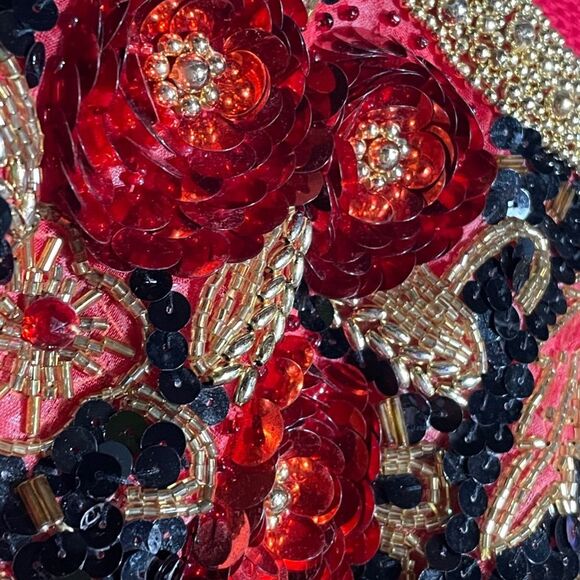 Vintage Red Sweater L Gold Beaded Sequin Roses Knit Holiday 80s Glam Pullover - Picture 4 of 11